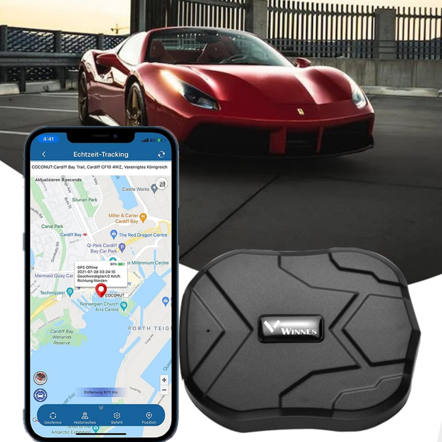 Tracker GPS avec Micro Winnes TK905 Traceur GPS Voiture 5000mah Support Magnétique Traqueur étanche Historique de 6 Mois Alarme Mobile avec Notifications Push Localisateur pour Voiture Camion Bateaux