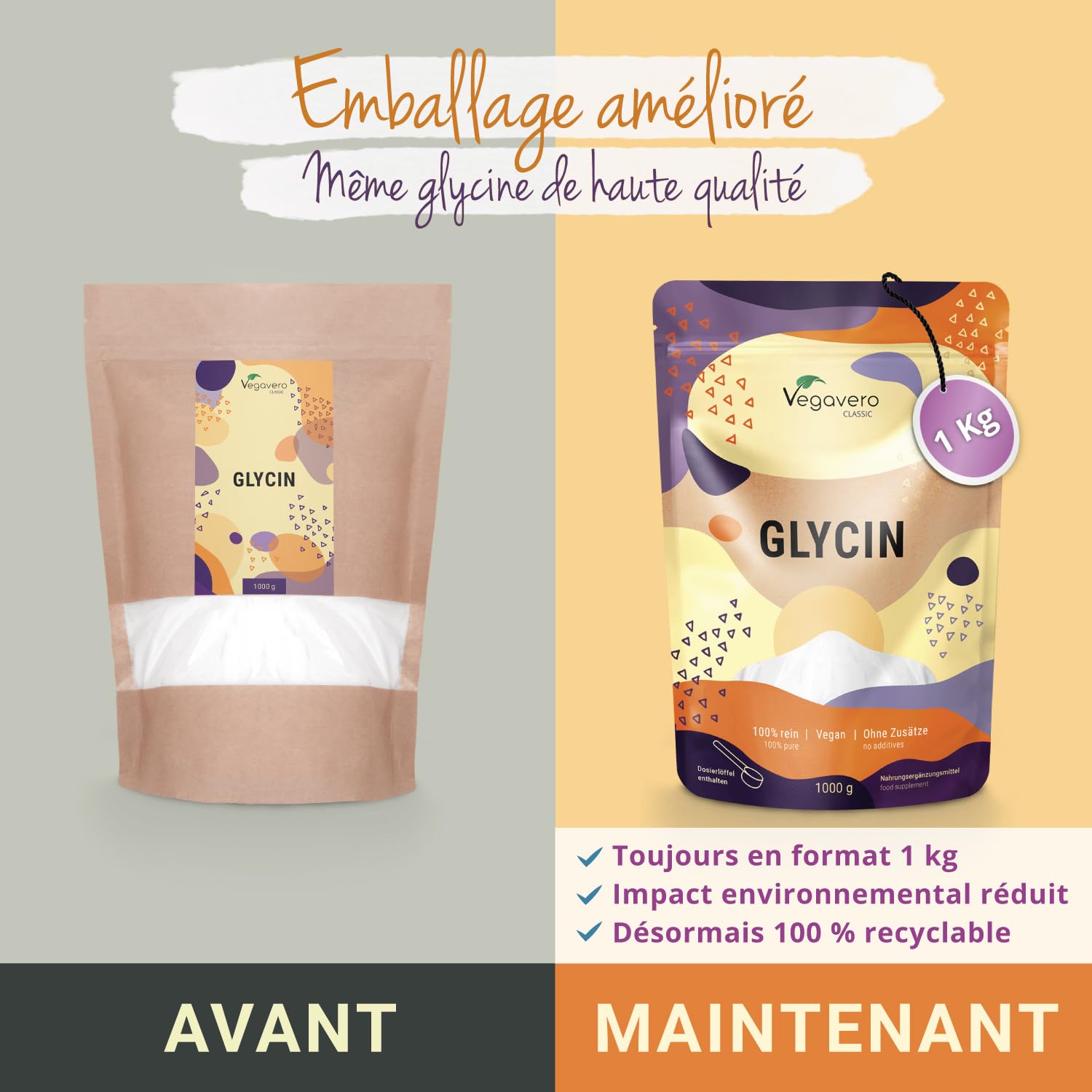 Glycine En Poudre Vegavero® - 1 Kg (1000g) - 100% Pure, Vegan, Sans Additifs - Allemagne