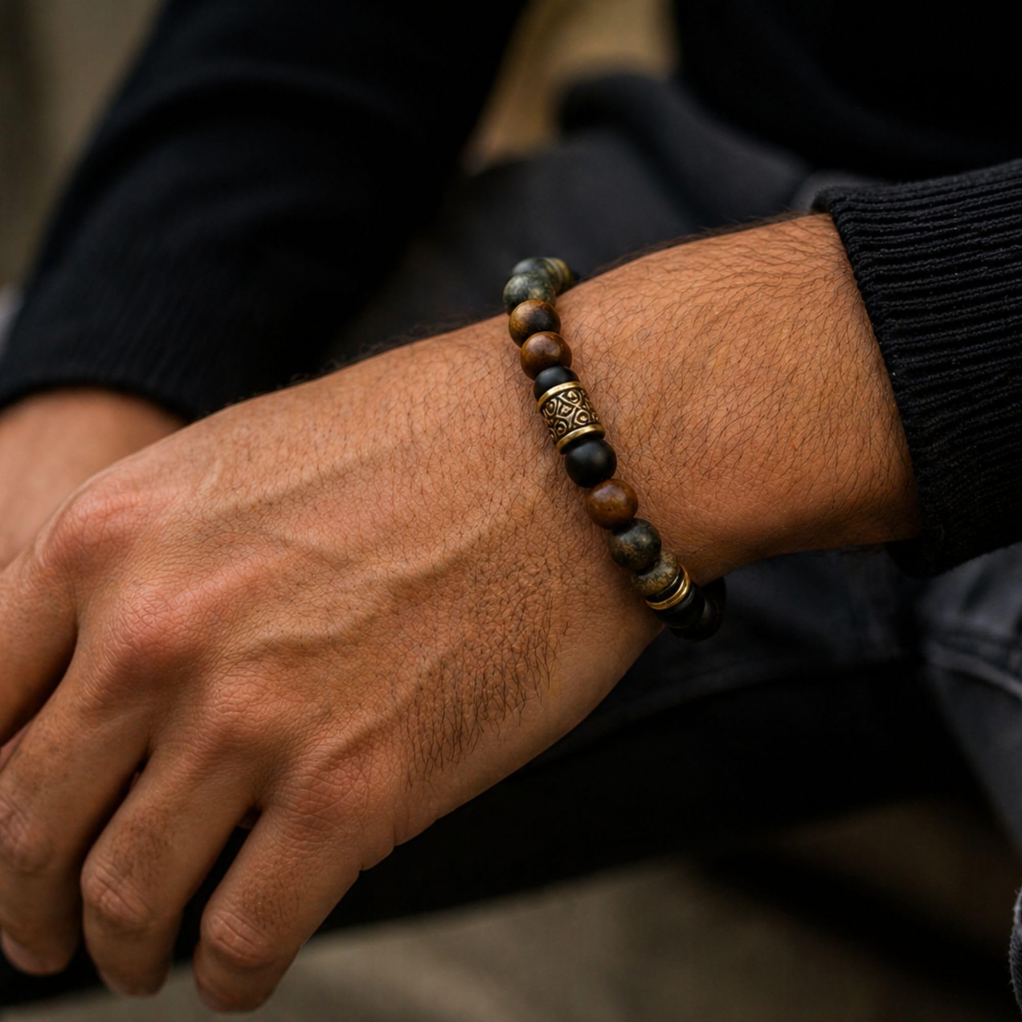 9 - O`Clock Perlenarmband Herren 8mm – Grüner Jaspis & Onyx Schwarz – Tigerauge Matt – Naturstein Armband Männer – Handgemacht in Deutschland – Schmuck Herren Geschenk GROVE