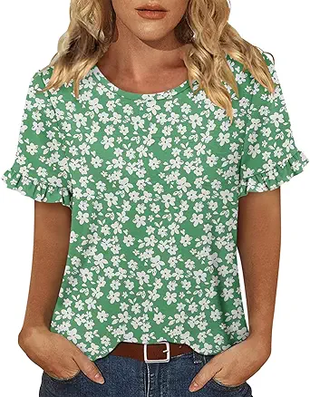 CRAZY GRID Women's Shirts Summer Casual Crewneck Ruffle Short Sleeve Blouses Cute Floral Print Tunic Tops