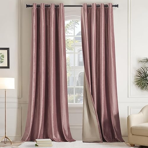 GIGIZAZA Cortinas de terciopelo 100% opacas de 84 pulgadas, 2 paneles, cortinas de ventana color rosa rubor con forro térmico de lujo para sala de