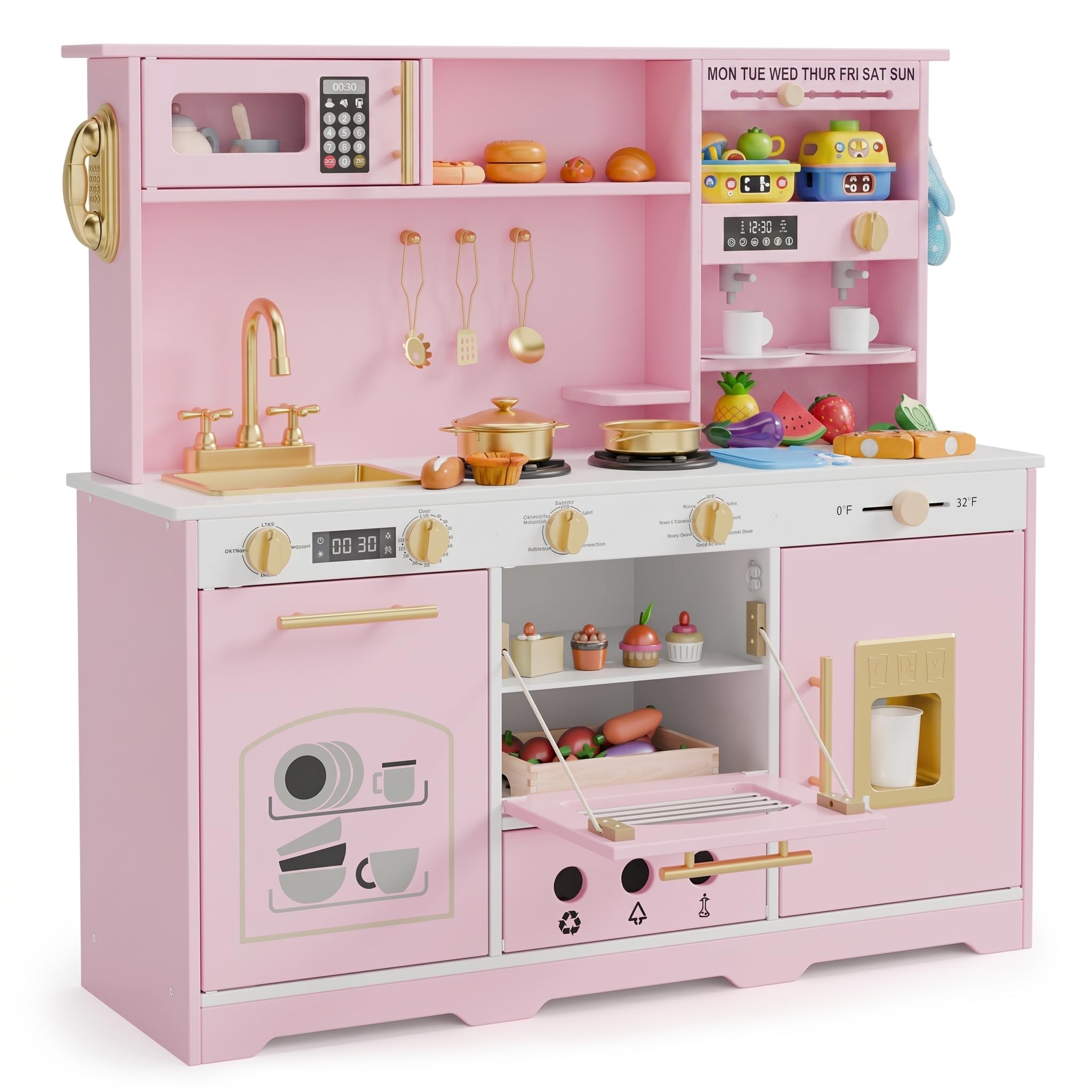 Xilingol Kids Wooden Play Kitchen, Indoor Toddler Pretend Cooking Set with Sink ,Oven Microwave,Faucet,Coffee Maker,Children Chef Role Playset for Ages 3+,Pink