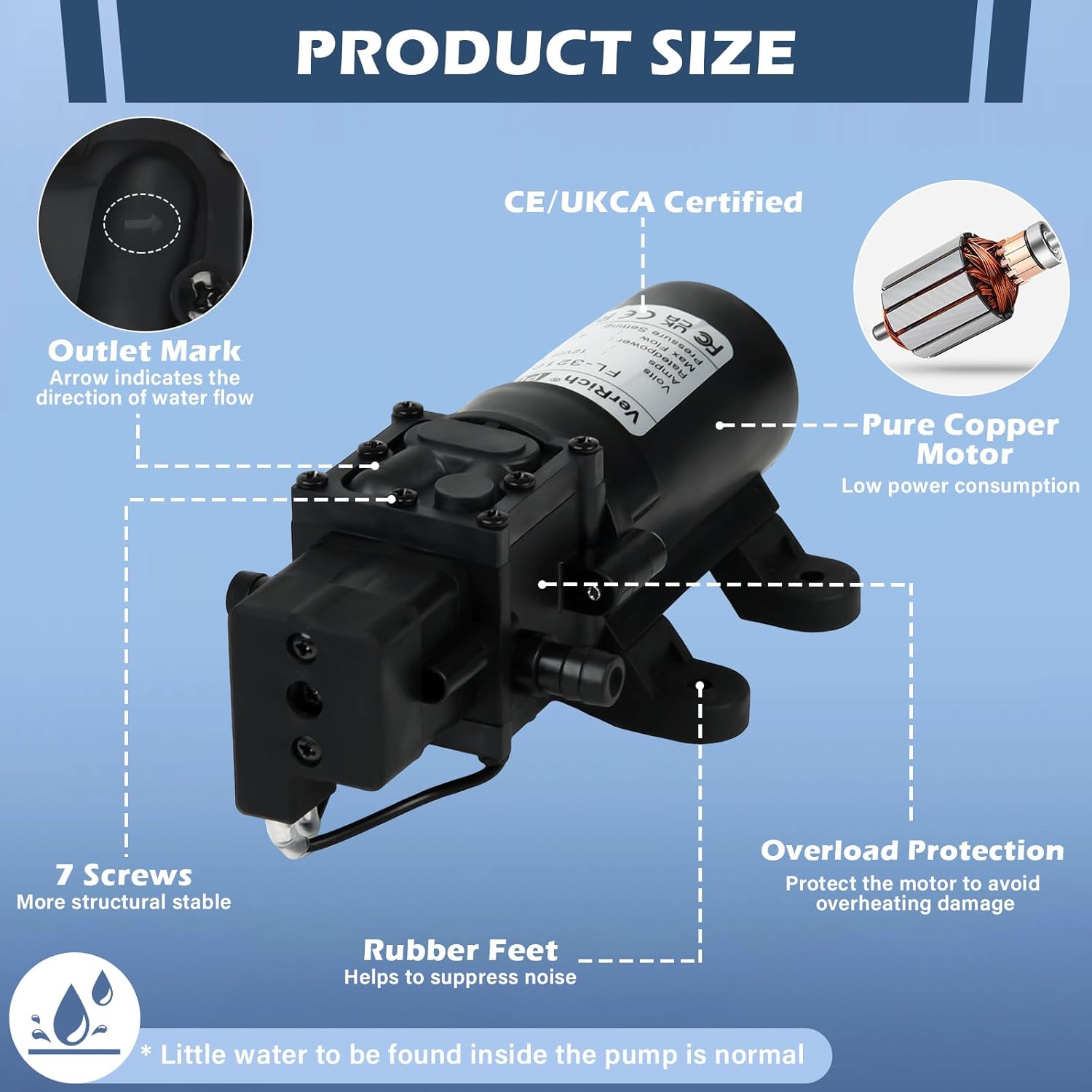 VerRich DC 12V Water Pump 116PSI 8 Bar Diaphragm Pump with Pressure Switch 4L/Min 1GPM High Pressure Pump 3/8" 10mm Connector with 2 Adjustable Hose Clamp for Water taps,Motorhome,Caravan
