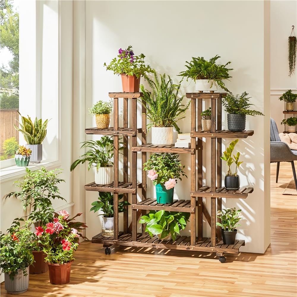 Yaheetech Soporte para Plantas con Ruedas Desmontable Estanteria Madera Abeto para Plantas Soporte para Macetas para Interior y Exterior 124x33x120cm
