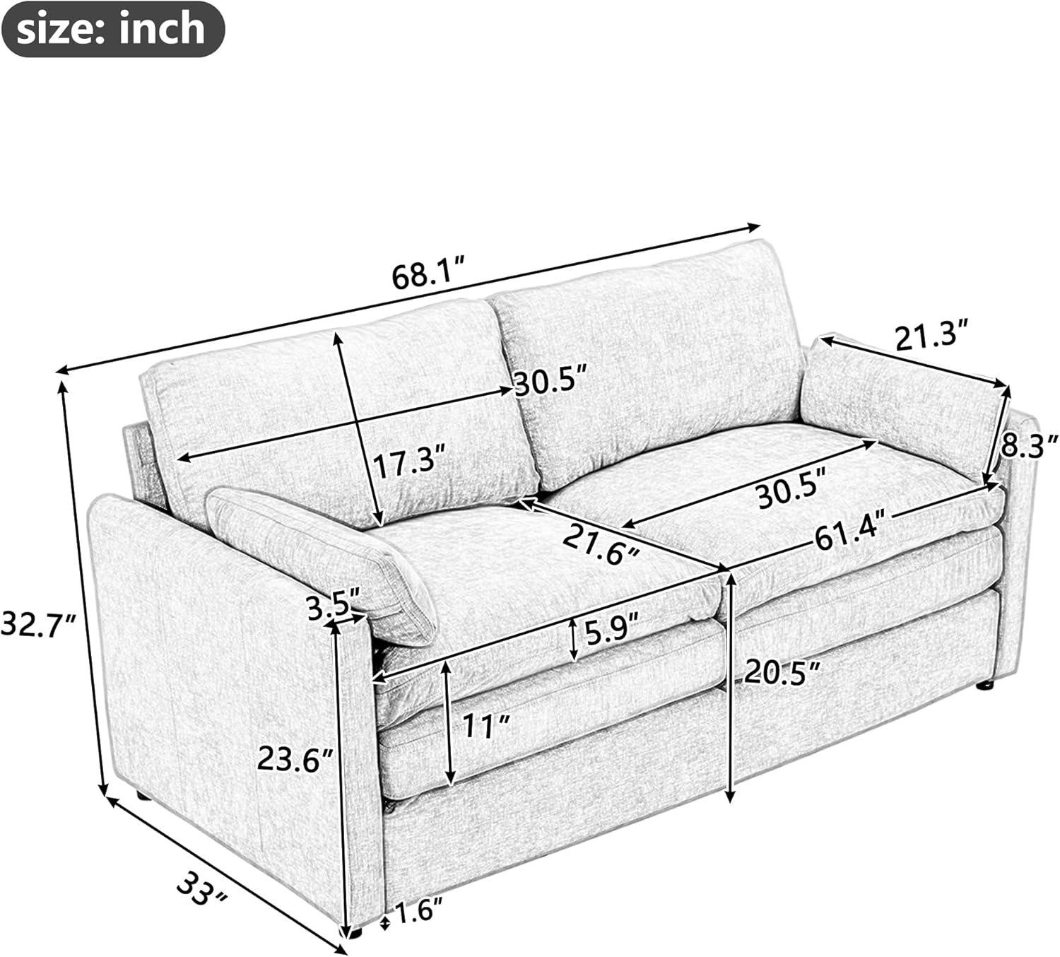 HABITRIO 68.1" Cozy Upholstered Loveseat Sofa, Oversized Comfy Comfy Cloud Sofa Double Cushion Plush Cushion Sofa Couch for Living Room, Light Gray