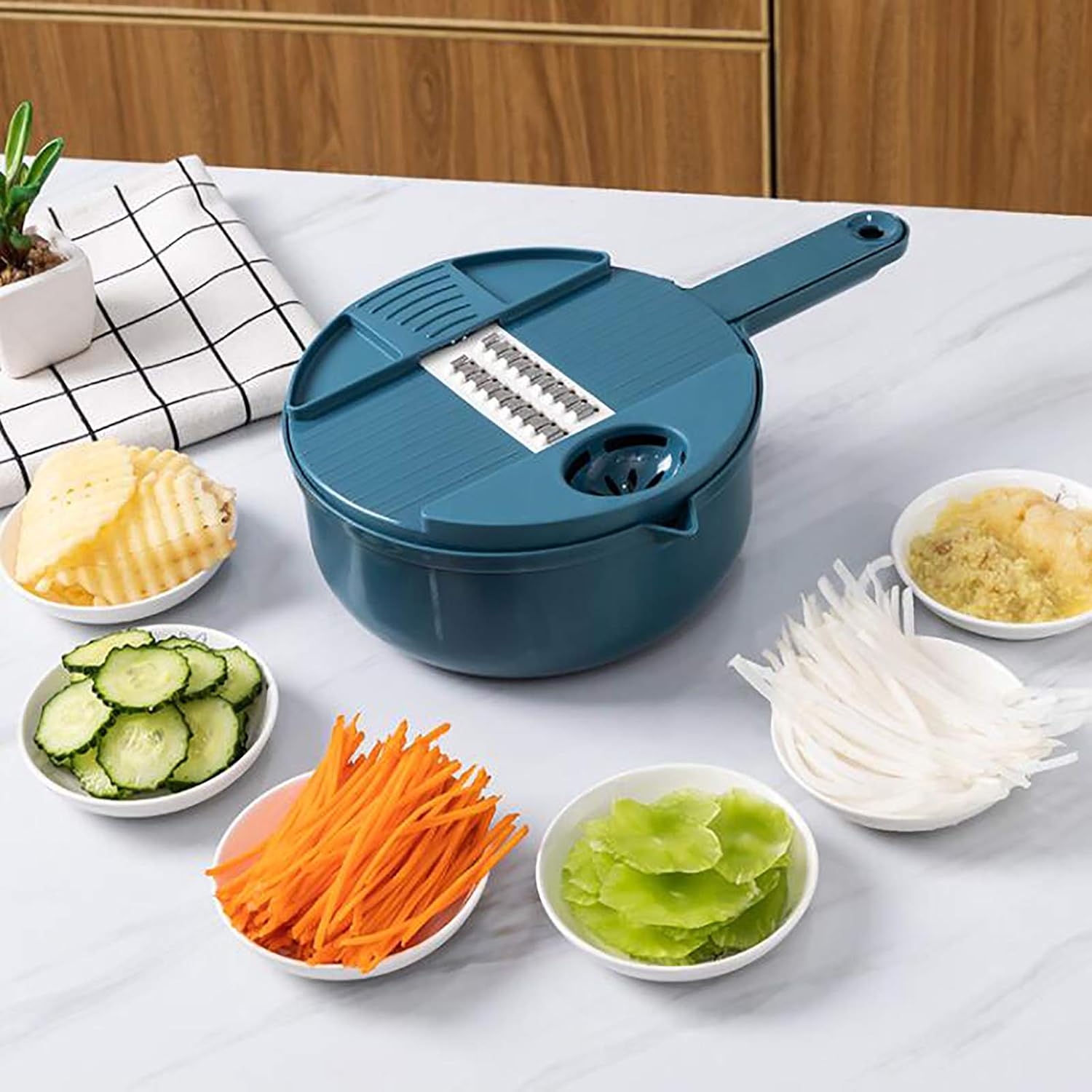 Mandolin Slicer for Partato Salad Fruit Carrot Onion Chopper Dicer Cutter Multifunctional Food Chopper Peeler with Container and Egg Separator, Manual, Plant-Based, 28 x 18 x 7.5 cm