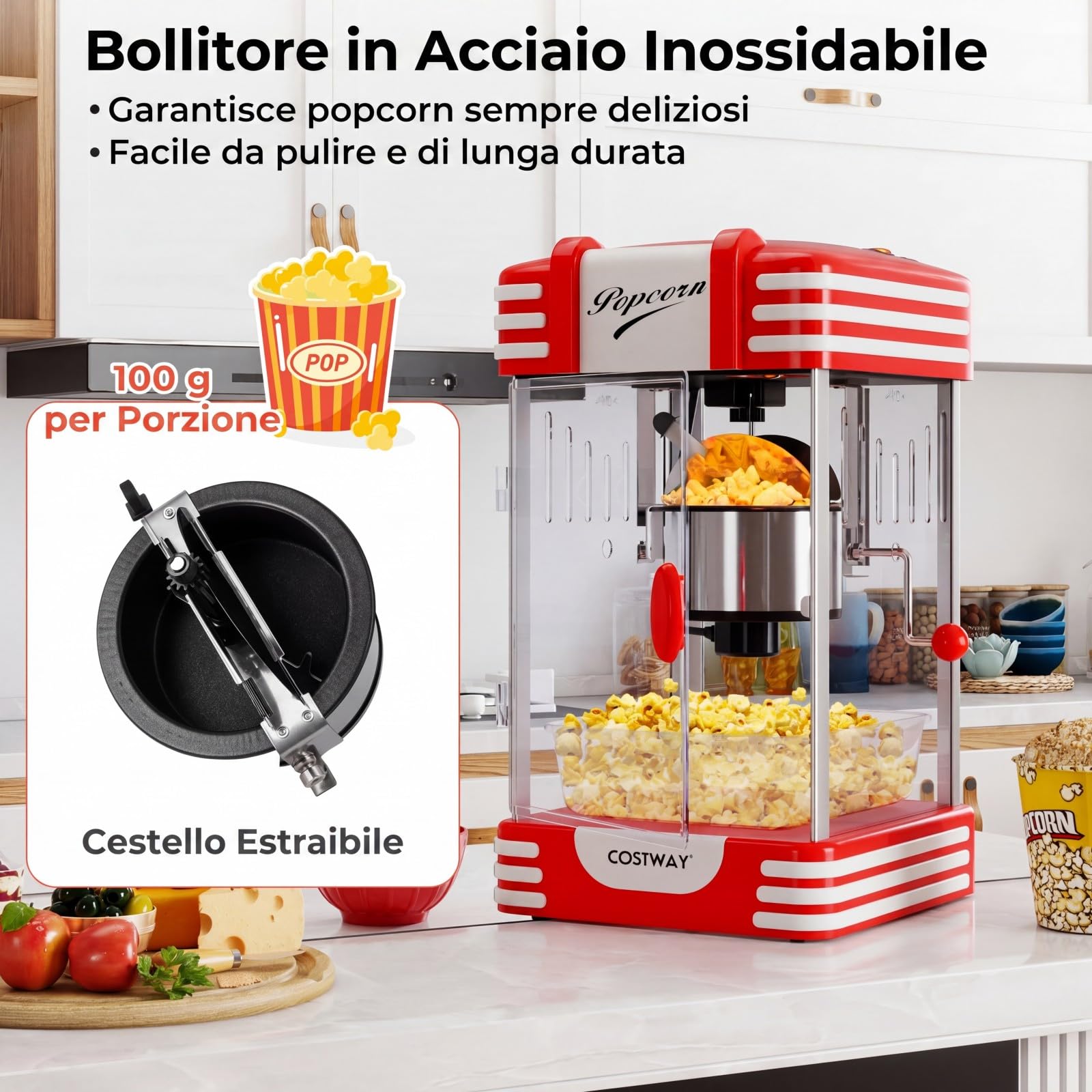 COSTWAY Macchina Pop Corn per Casa in Acciaio Inox, Cottura in 3-5 minuti