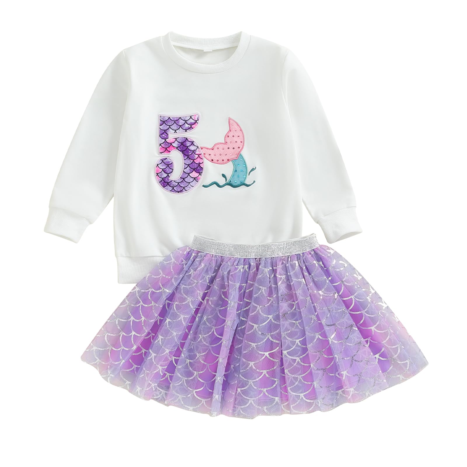 Toddler Baby Girl Mermaid Birthday Outfit 1st/2nd/3rd/4th/5th/6th Sweatshirt Tutu Skirts Kids Cake Smash Outfit (Five, 5-6 Years)
