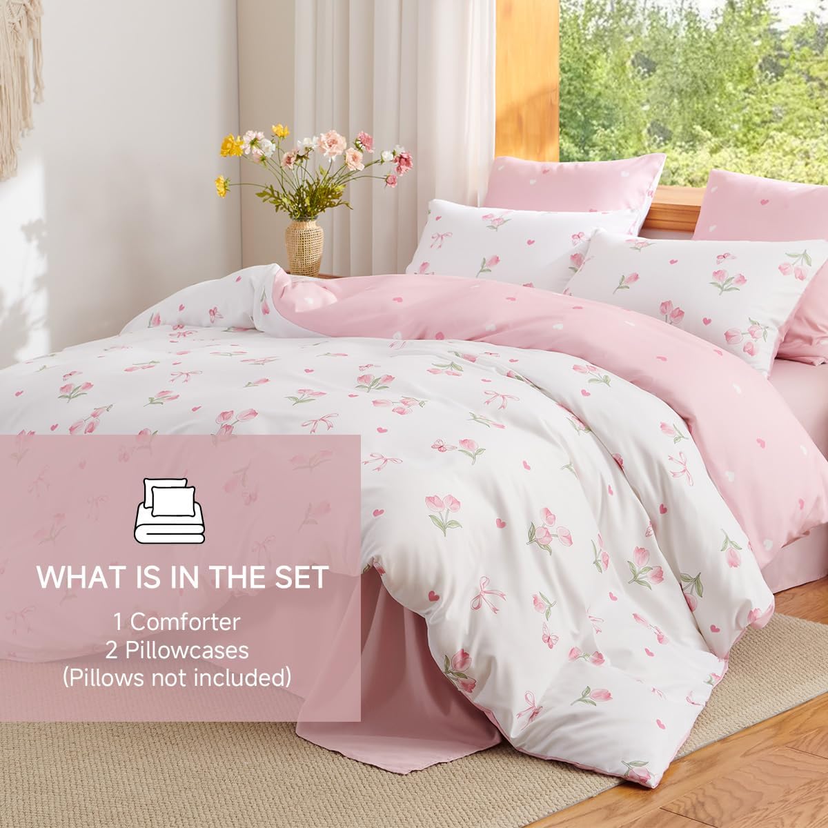 Floral Comforter Set Queen Size - 3 Pieces Pink White Floral Tulips Bow Comforter Bedding Sets Reversible Pattern,Queen Bed in a Bag with Flowers Comforter and 2 Pillowcases