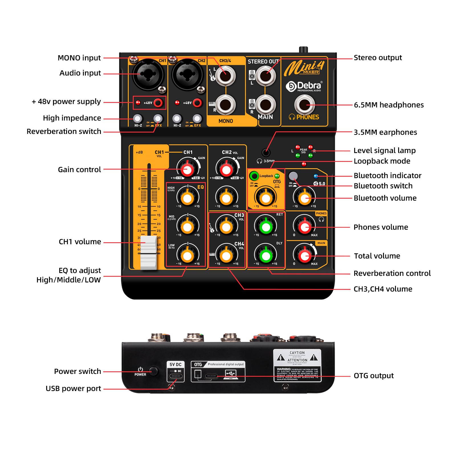 Mixer audio D Debra Audio Mini4 portatile a 4 canali DJ Mixer Console, scheda di mixaggio del suono con USB Bluetooth 48 V alimentazione phantom, console audio per live party di nozze registrazione