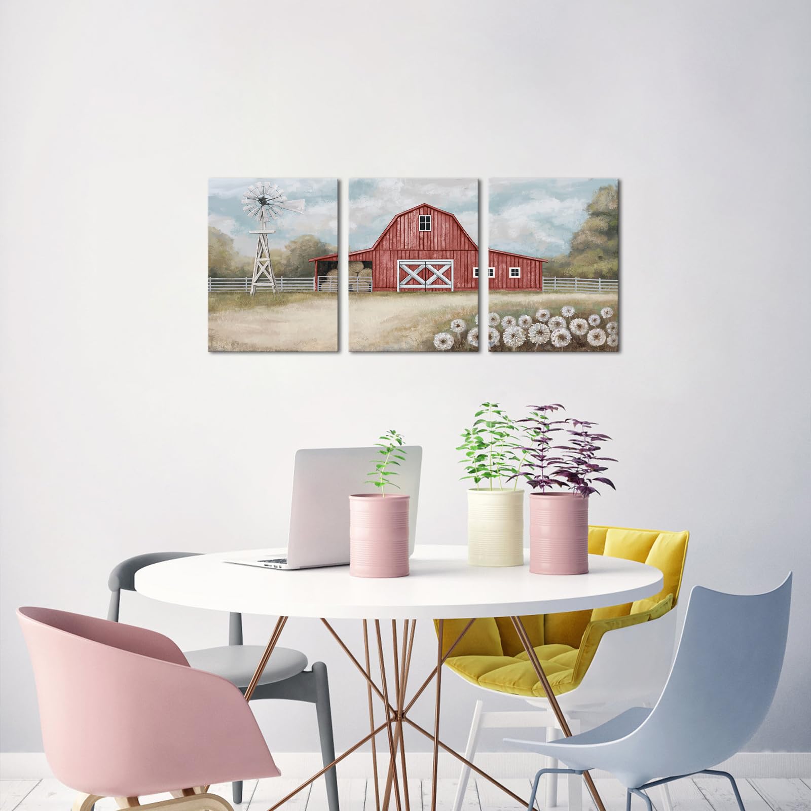 Rustikales Wandbild: Bauernhof-Landschaft Mit Windmühle Auf Holz – Gerahmte Druck-Dekoration Für Wohnzimmer & Bauernhaus-Stil