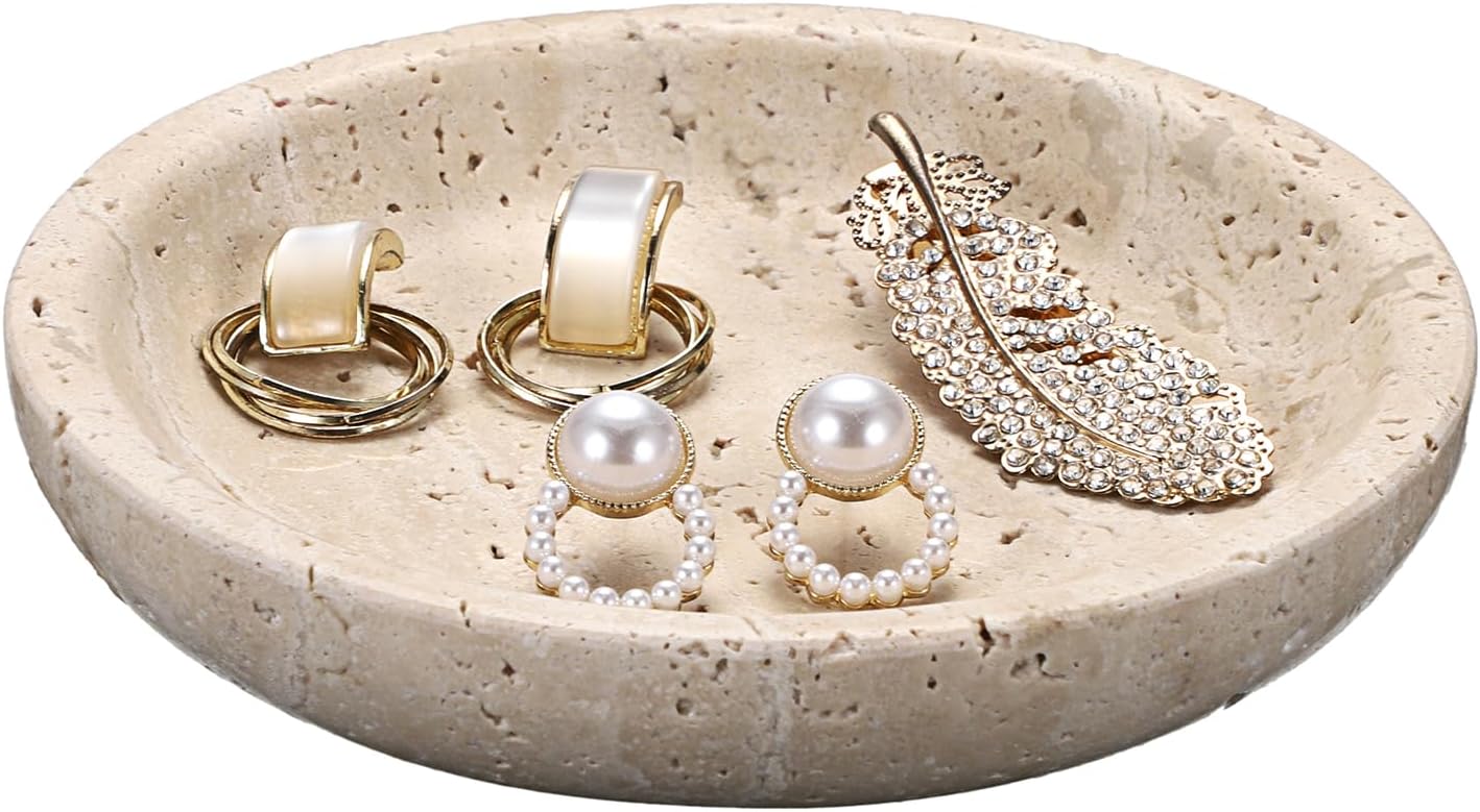 Travertine Jewelry Tray Round Trinket Dish Vintage Decorative Tray Entry Table Nightstand Bowl for Display Rings Earrings Necklace Key Organizer Home Decor