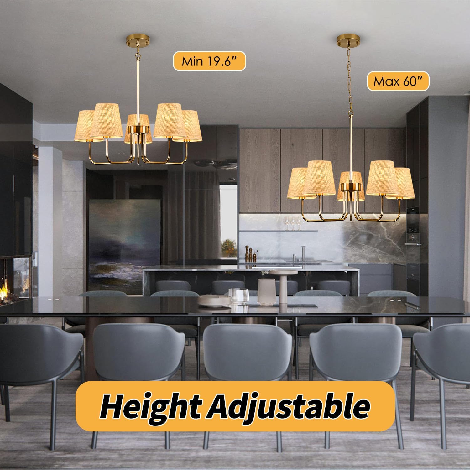 Golden Chandelier, 5-Light Farmhouse Chandeliers for Dining Room Lighting Fixtures with Fabric Shade, Kitchen, Hallway, Living Room, Foyer, Bedroom, Office, Entryway, Island Lights