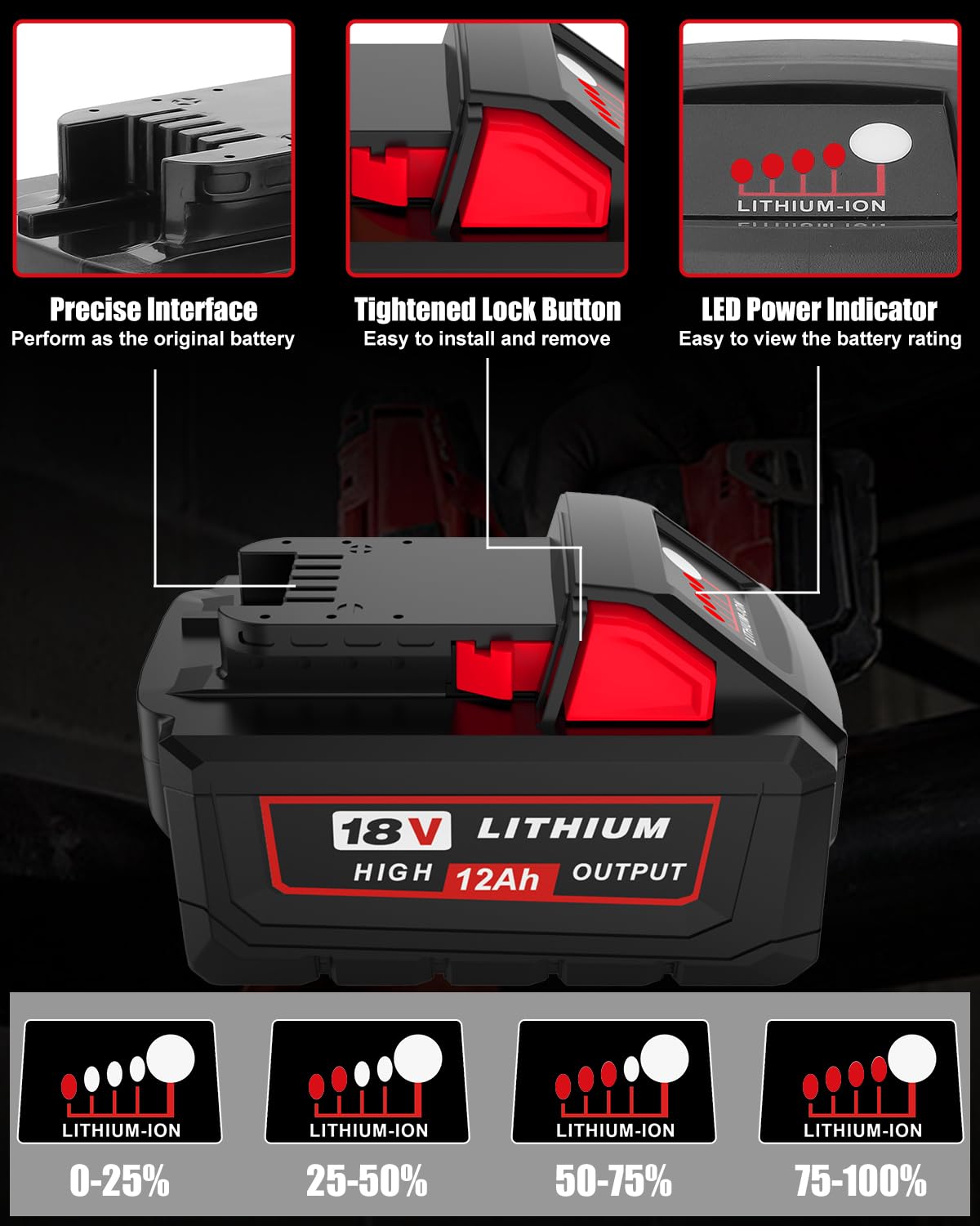 12.0Ah 48-11-1852 Replacement for Milwaukee 18V Battery, Compatible with Milwaukee 18 Volt Batteries 48-11-1862 48-11-1815 48-11-1890 48-11-1860 48-11-2230 (Multi-4pc)