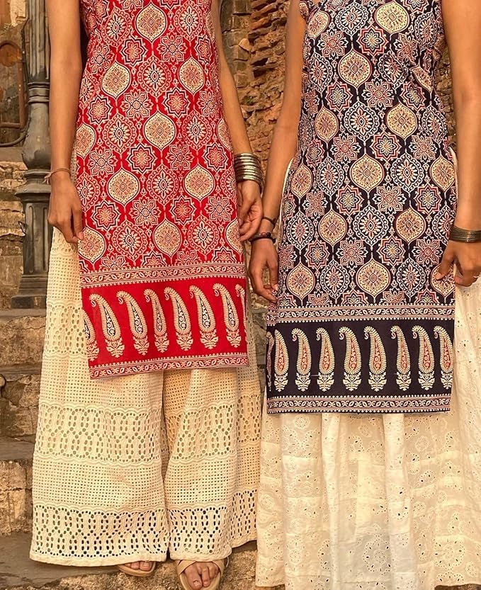 Image of Women's Sleeveless Ajrak Print Kurti - Pure Cotton, Straight Fit Cambric Jaipuri Printed Kurti