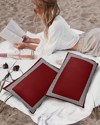 Miniatura 3 de Juego de 2 fundas de almohada impermeables para sofá, juego de 2 fundas de almohada decorativas geométricas étnicas burdeos, rojo griego, 20 x 12