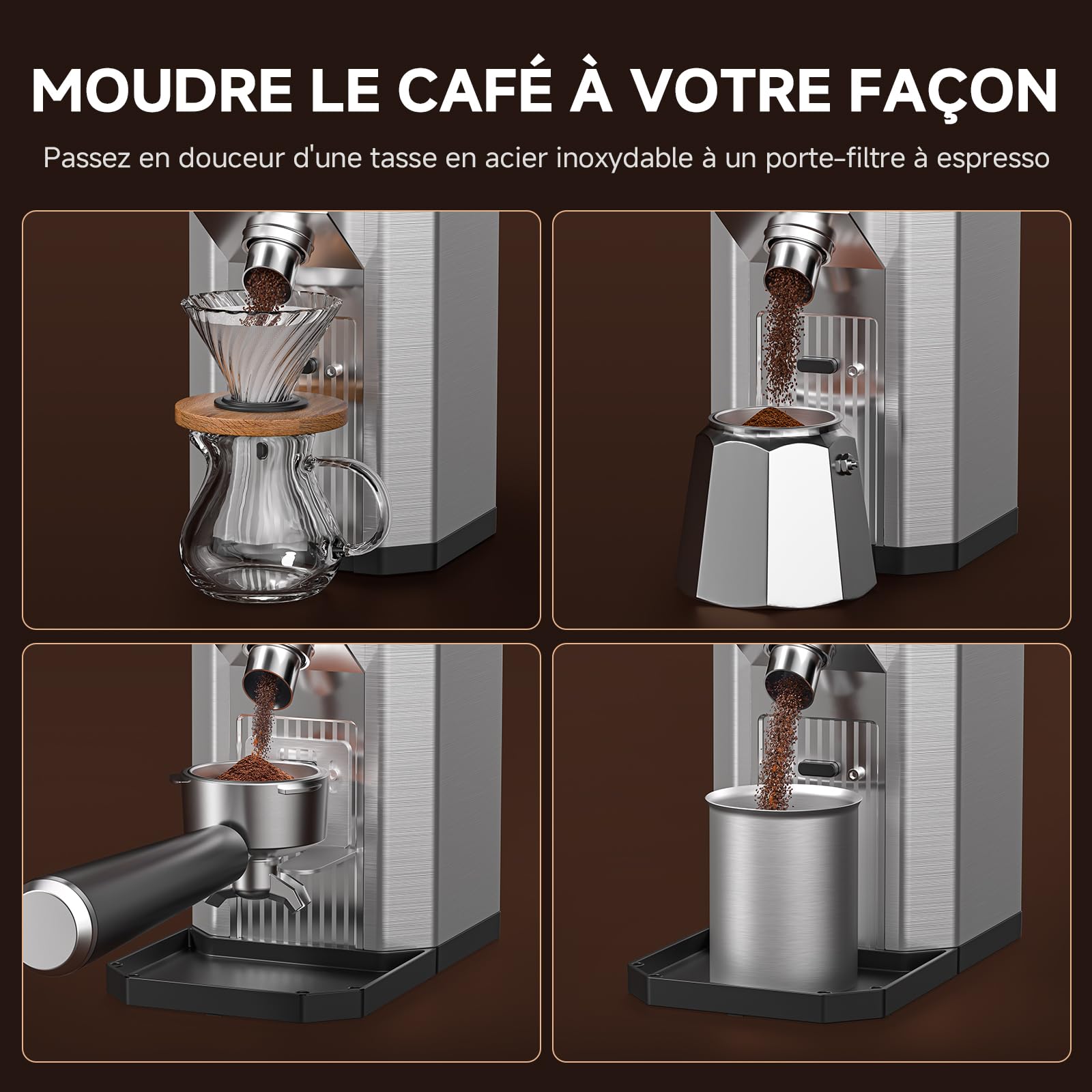 AMZCHEF Moulin à Café Électrique,45 Niveaux de Mouture, Meules Coniques en Acier Inoxydable 40mm, Corps en Acier, Support de Porte-filtre Réglable, Panneau de Contrôle Tactile LED