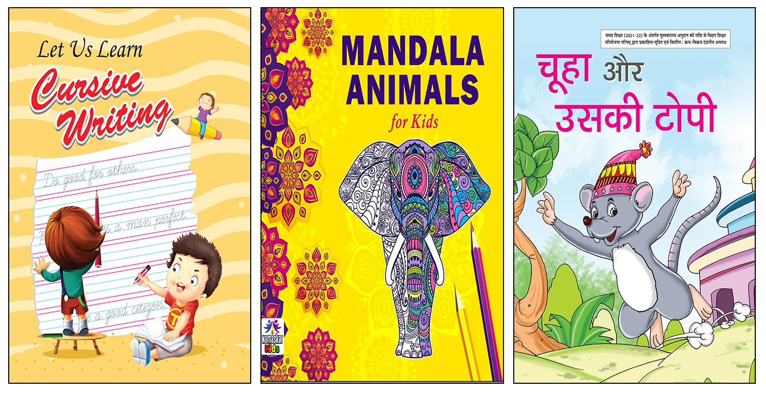 Let Us Learn Cursive Writing + Mandala Animals for Kids + Chuha Aur Uski Topi | Cursive Writing Workbook | Mandala Coloring for Kids | Hindi Storybooks for Children | Animal Coloring Book | Handwriting Practice for Kids | Moral Stories in Hindi | Emotional Learning for Kids | Kids Art Activity Book | Picture Book in Hindi | Coloring Therapy for Children | Hindi Story With Values | Learn Cursive Writing | Creative Skills for Kids (Set of 3 Books)