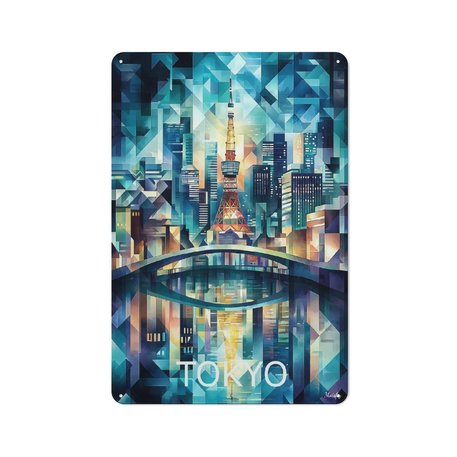 Junmoney Tokyo Geometric Skyline - Tokyo Tower & Citys Old Style Cape Art Metal Sign 30X20cm, Bar Wall Plaque For Diner, Restaurant, Shed Or Kitchen