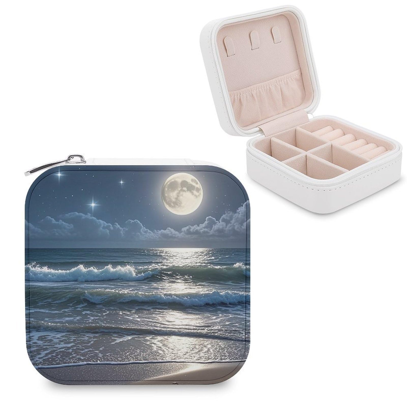 LZQPOEAS Night Ocean Jewelry Box Mini Jewelry Travel Case Trendy Stuff Ring Box Custom PU Leather Jewelry Boxes Portable Jewelry Case Earring Storage Organizer for Girls Women