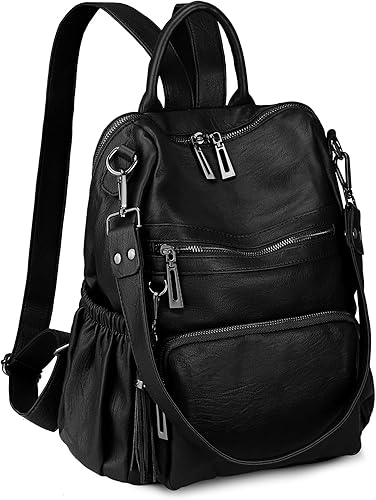 Uromee Mochila de viaje para mujer, de cuero vegano, a la moda, con borlas, bolsa de hombro convertible, 0243 Negro, Mochilas Daypack