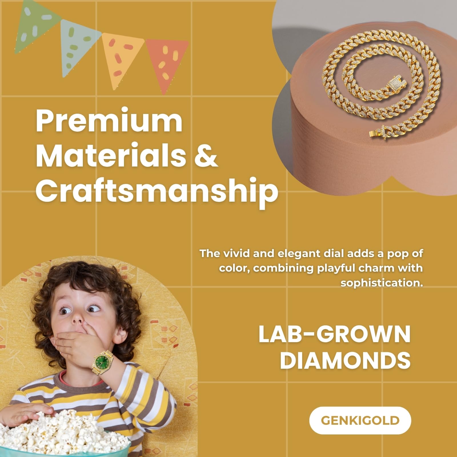 Diamentowy zegarek dla nastolatków – okrągła tarcza 37 mm cyfry rzymskie w 3 kolorach – pozłacana 18K / platynowa bransoletka 20 cm – pudełko prezentowe w zestawie, można łączyć z