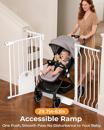 Miniatura 3 de Puerta de bebé extra ancha de 30 a 63 pulgadas con puerta para gatos, 30.5 pulgadas de alto, montaje a presión sin taladro, incluye 3 extensiones,