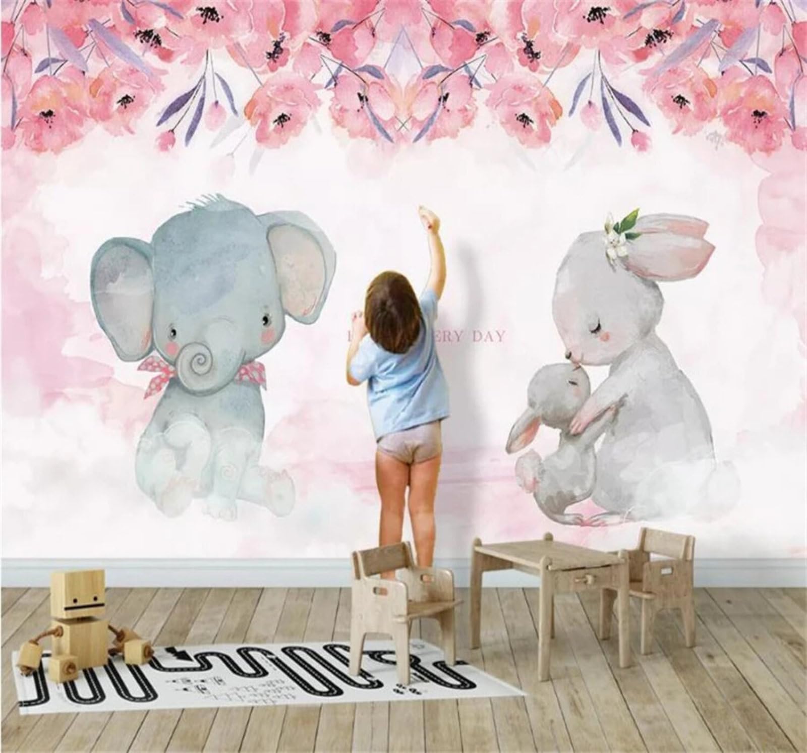 Pink Flowers Cartoon Elephants and Bunnies 3D Wallpaper Easy Install Feature Office Living Room Sofa Bedroom TV Background Wall Decoration-430cm×300cm