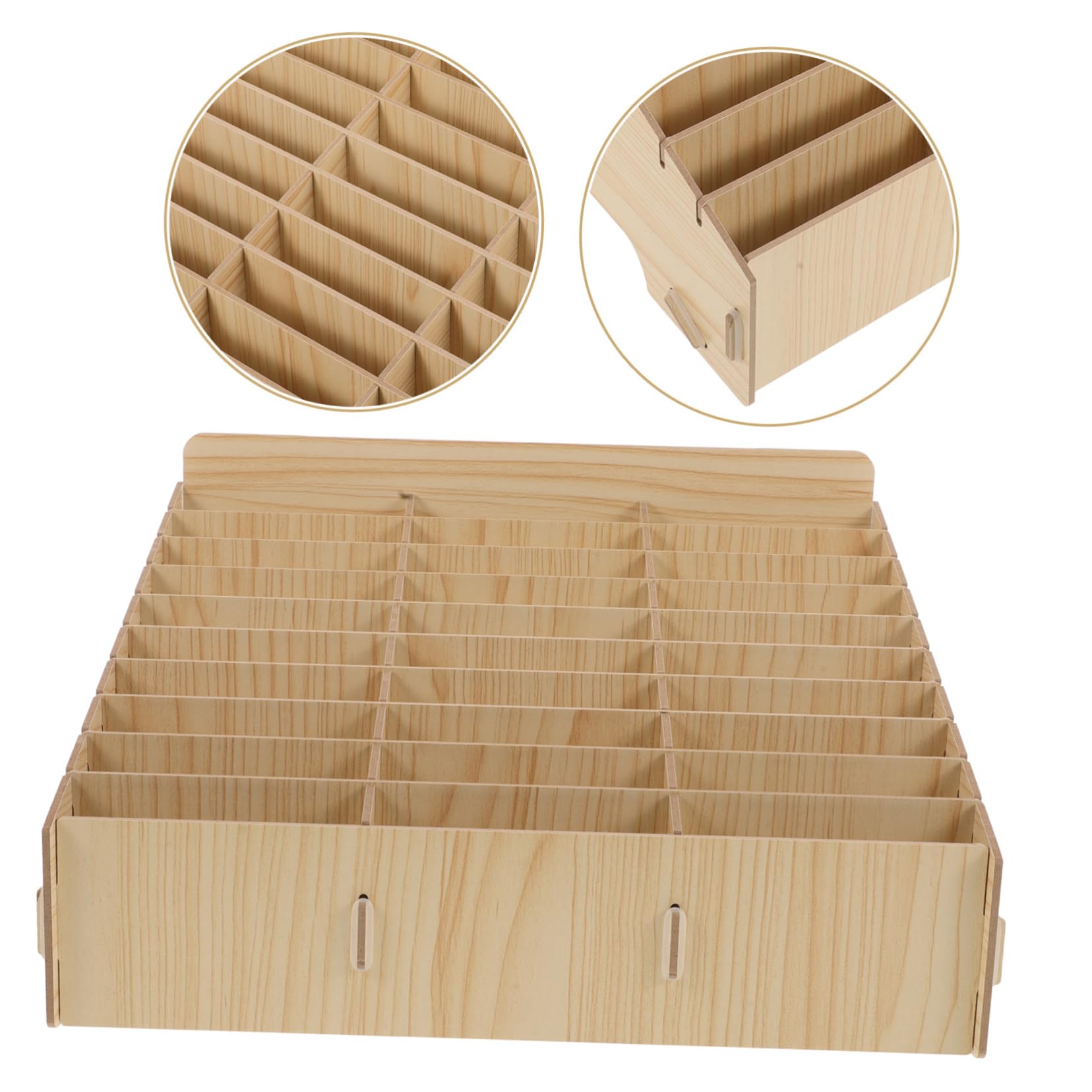 Scatola Portaoggetti per Telefono Cellulare 30 Scomparti in Legno Beige | Organizer da Scrivania Multi-scomparto, Porta Calcolatrice e Cavi, per Aula e Scuola