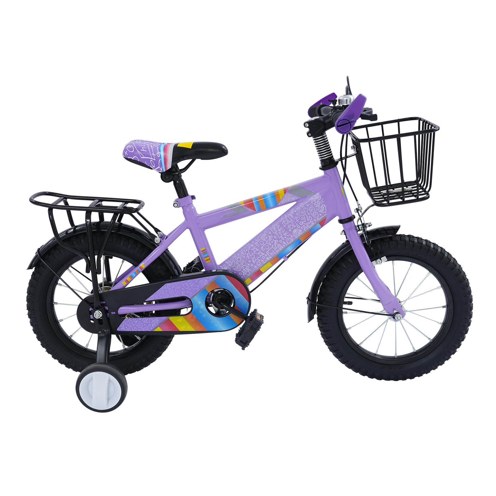 Vélo pour enfant de 14 pouces avec siège arrière, vélo pour enfants avec panier et roues stabilisatrices, vélo pour enfants à partir de 3 ans, garçons et filles, hauteur réglable