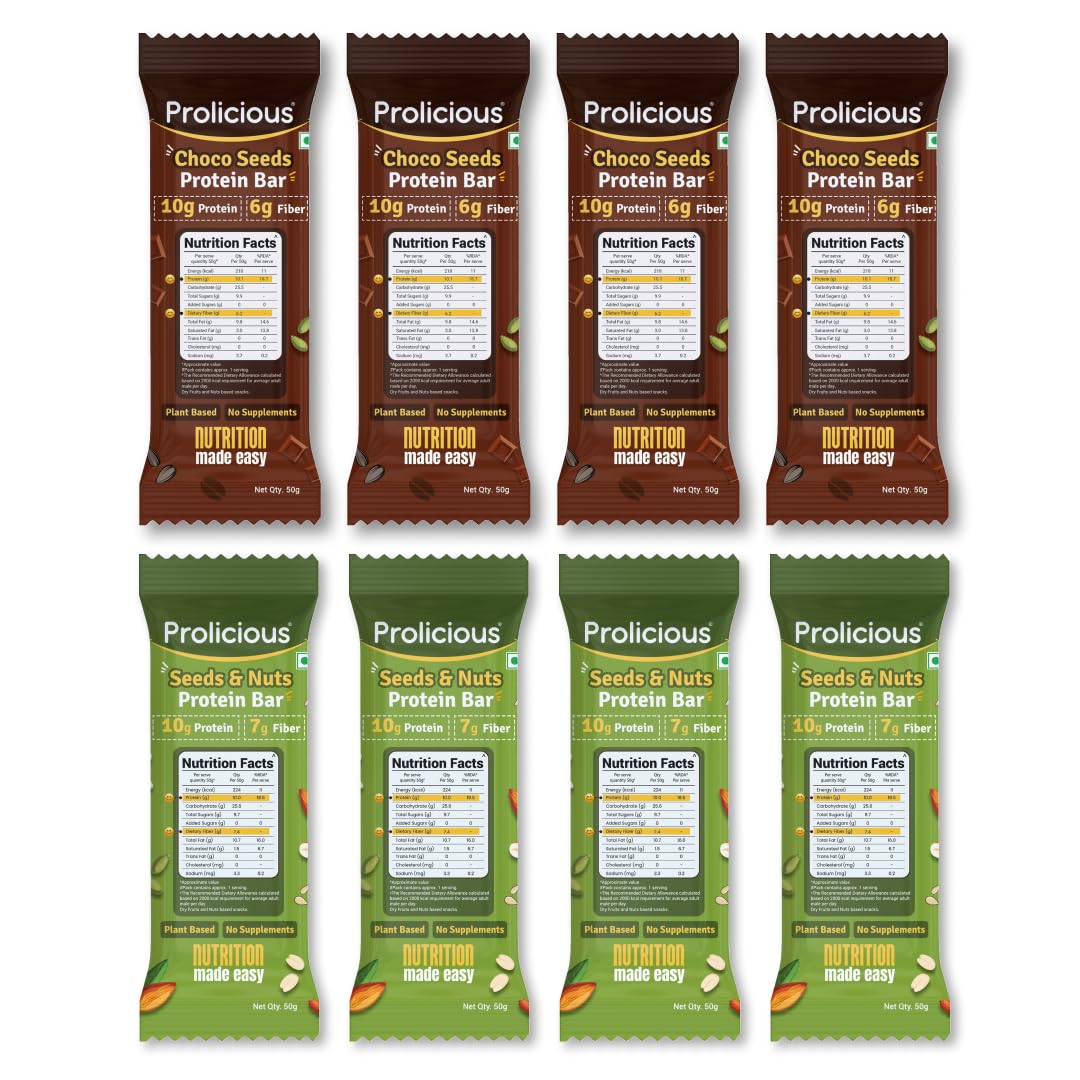 Prolicious Combo Bar 10g Protein ? 6g Fiber Protein Bar | Natural Proteins | No Refined Sugar | Plant Based (Pack of 8, Protein Bars)
