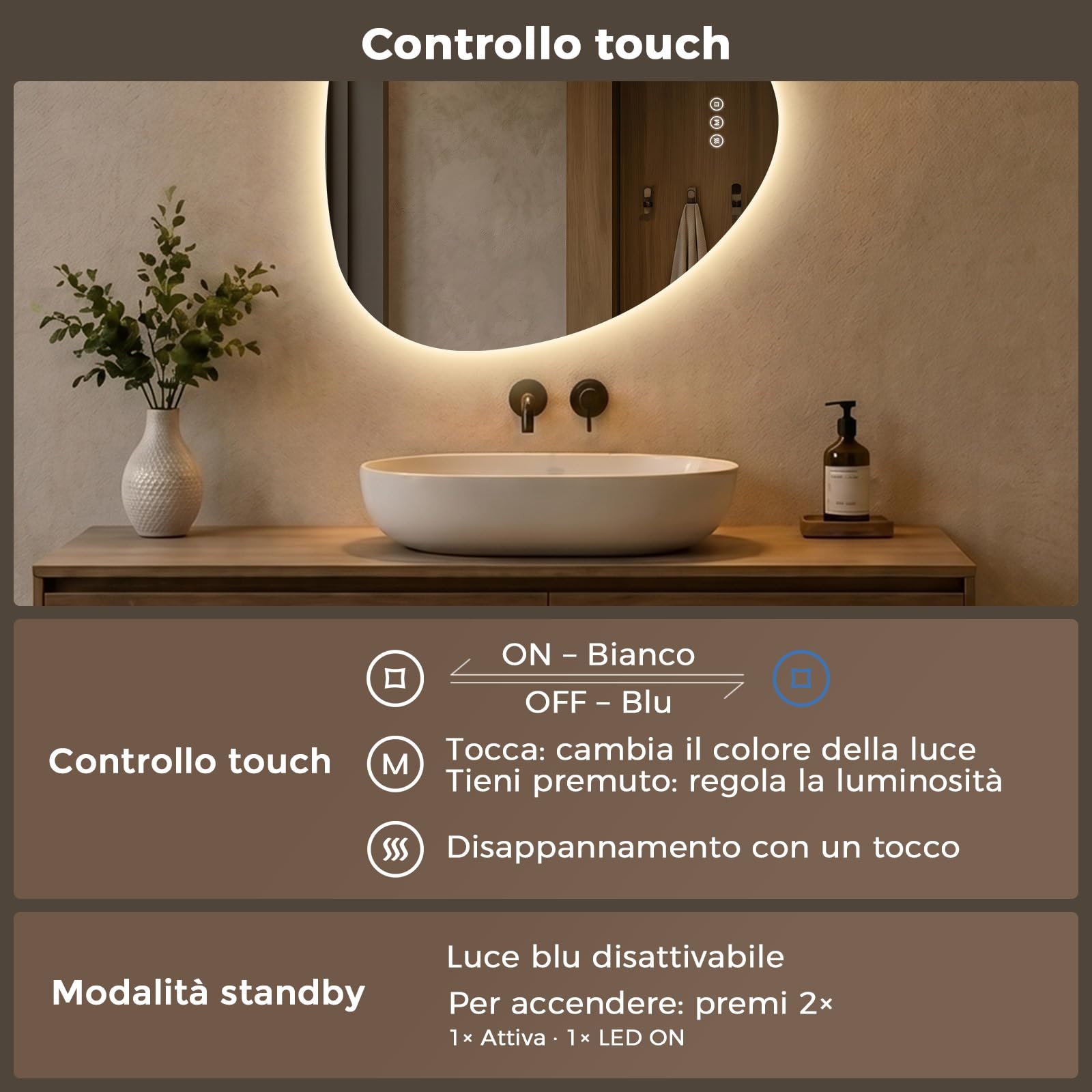 Specchio Bagno LED 60 x 70 cm, Retroilluminato, Senza Cornice