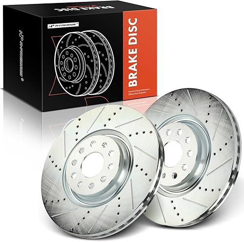 A-Premium Rotores de freno de disco perforados y ranurados delanteros de 13.39 pulgadas (13.386 in) compatibles con los modelos Volkswagen y Audi