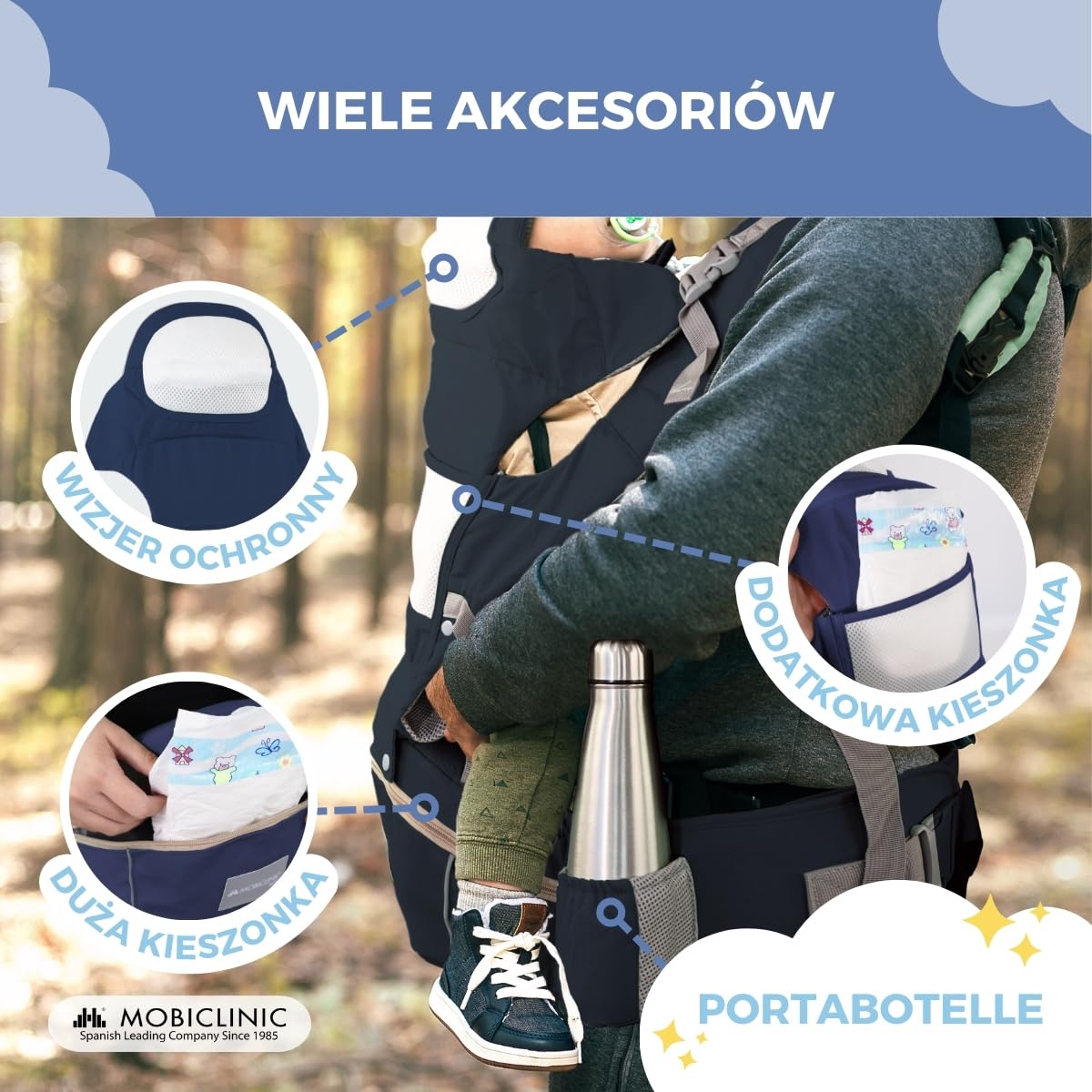 Mobiclinic® kids, Nosidełko ergonomiczne, 6 w 1, Moley, Wielopozycyjne, Składane, Kieszeń z zamkiem błyskawicznym, Podtrzymujący butelki, Miękka premiumowa bawełna, 0-36, Dla noworodków (granatowy)