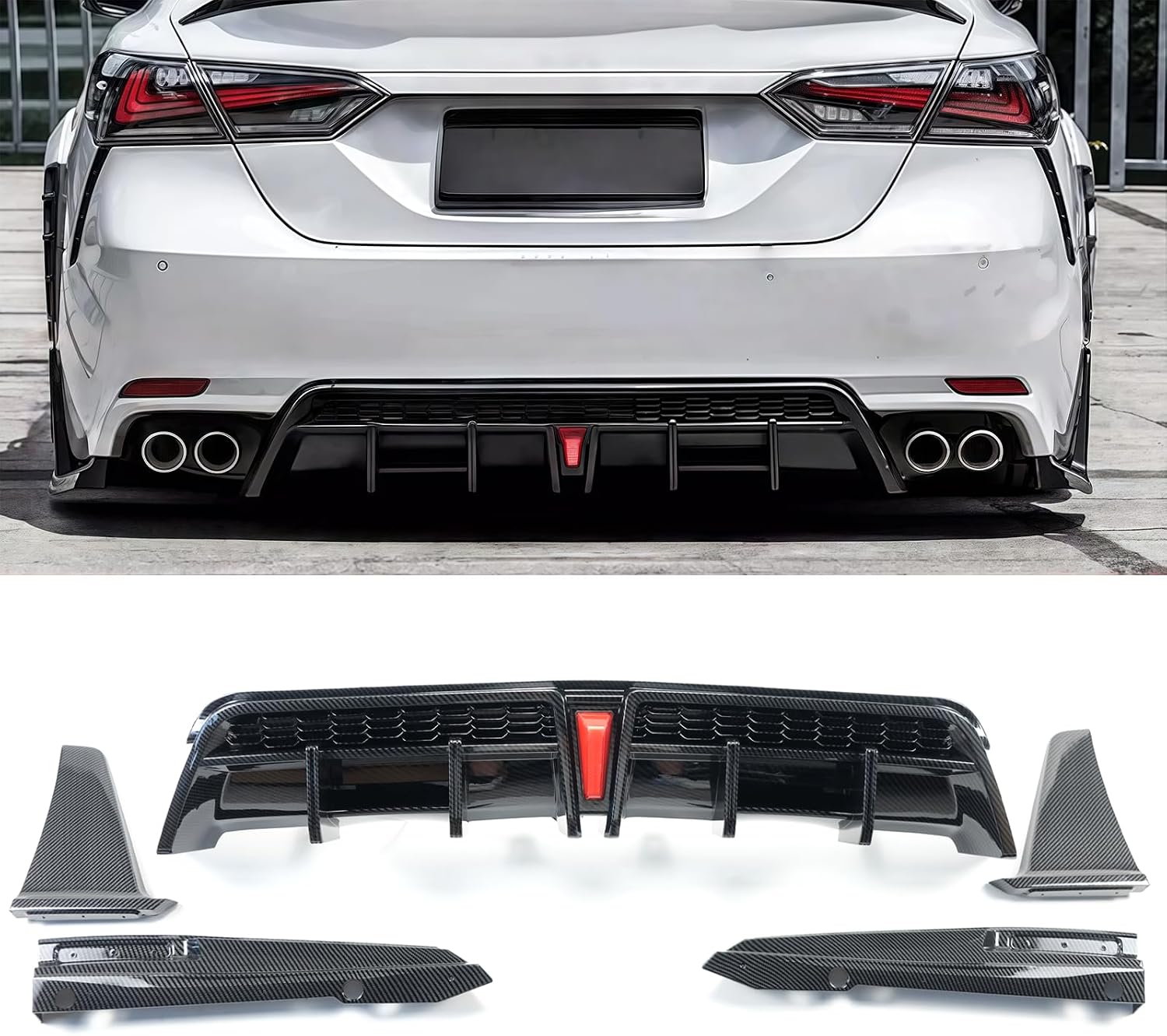 Rear Diffuser Lip 5 Piece Compatible with Camry SE XSE 2018 2019 2020 2021 2022 2023 2024 Yofer Style V2 LED Rear Bumper Diffuser+ Corner Extension (Carbon Fiber Print)