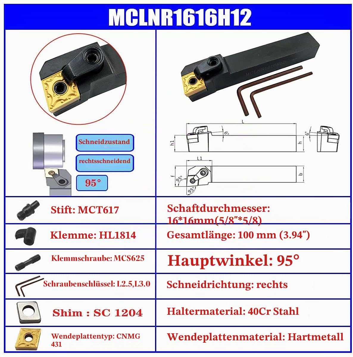3 Stück CNC-Drehmaschinen-Drehmaschine, indexierbar, Hartmetall-Drehwerkzeug, Bit Set MTJNR1616H16 + MWLNR1616H08 + MCLNR1616H12 mit 3 Stück wnmg431, cnmg431, tnmg331 Hartmetalleinsätze, Index able