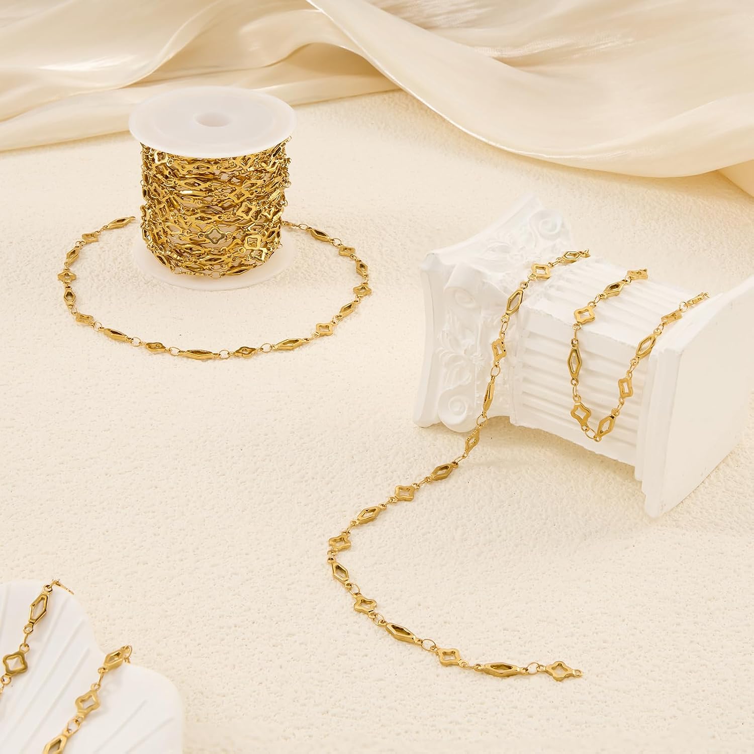 YOUBEIYEE 13 Feet Gold Plated Chain for Jewelry Making Stainless Steel Rhombic Clover Chains Bulk for Women Necklace DIY with Jewelry Accessories