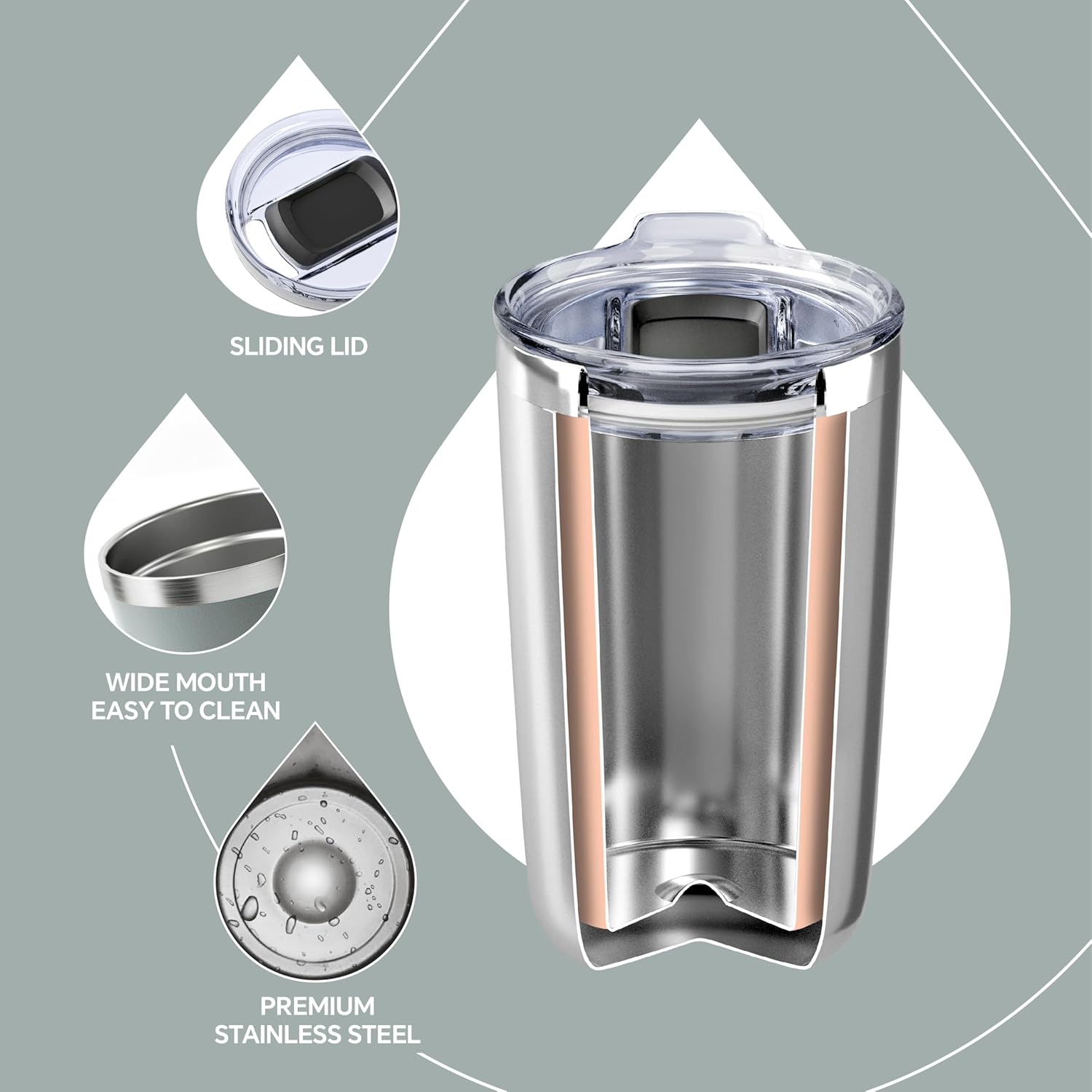 Ideus 20 oz Tumbler, Travel Coffee Mug with Splash Proof Sliding Lid, Double Wall Stainless Steel Vacuum Insulated Coffee Mug for Home and Office, Keep Beverages Hot or Cold, Gray - Image 3