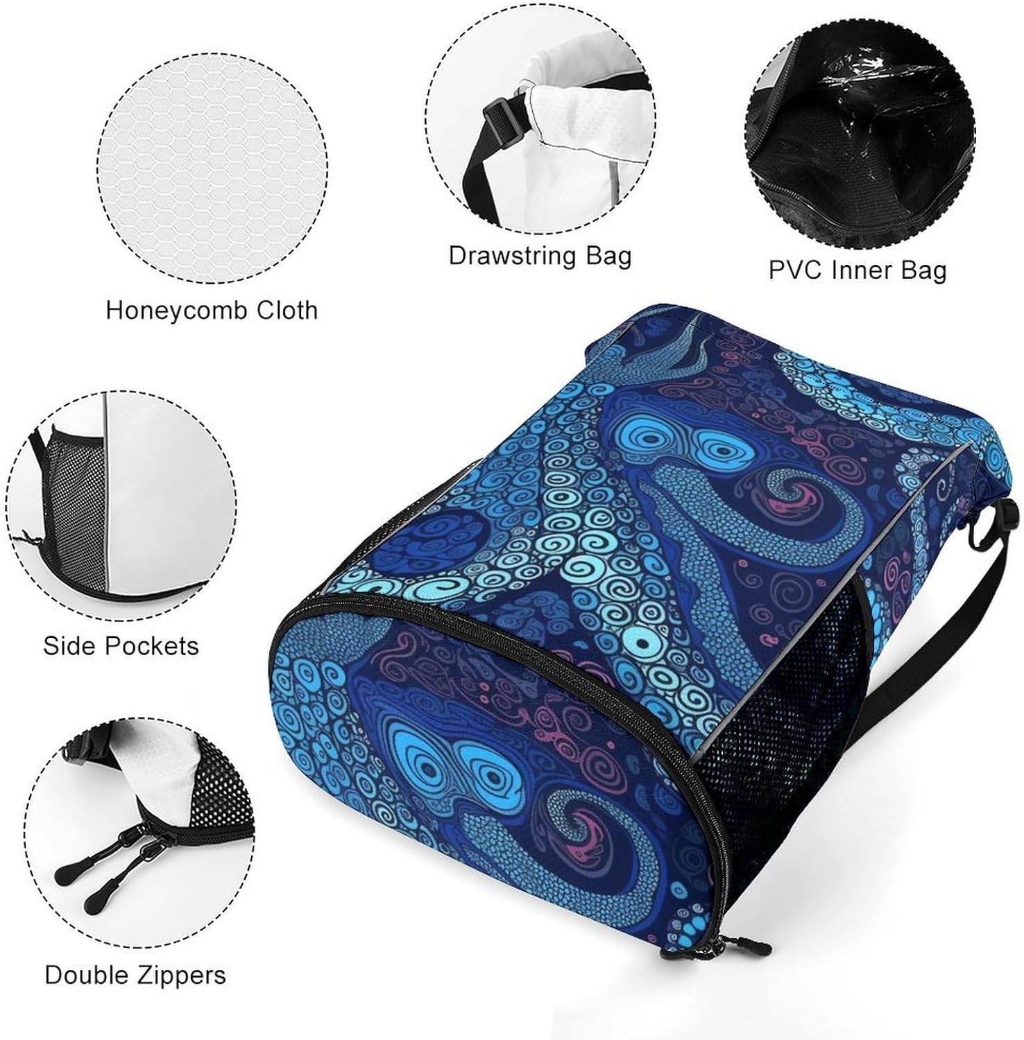 Blue Octopus Drawstring Backpack with Wet Pocket - Large Capacity Gym Bag with Shoe Compartment & Mesh Pockets, Adjustable Lightweight Gym Backpack for Swimming, Travel, Workout