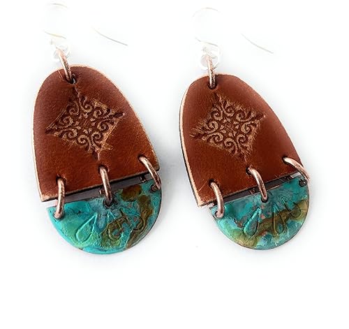 Miniatura 3 de Boho Leather Stamped Scroll & Turquoise Rust Copper Earrings (Sterling Silver Earwires)