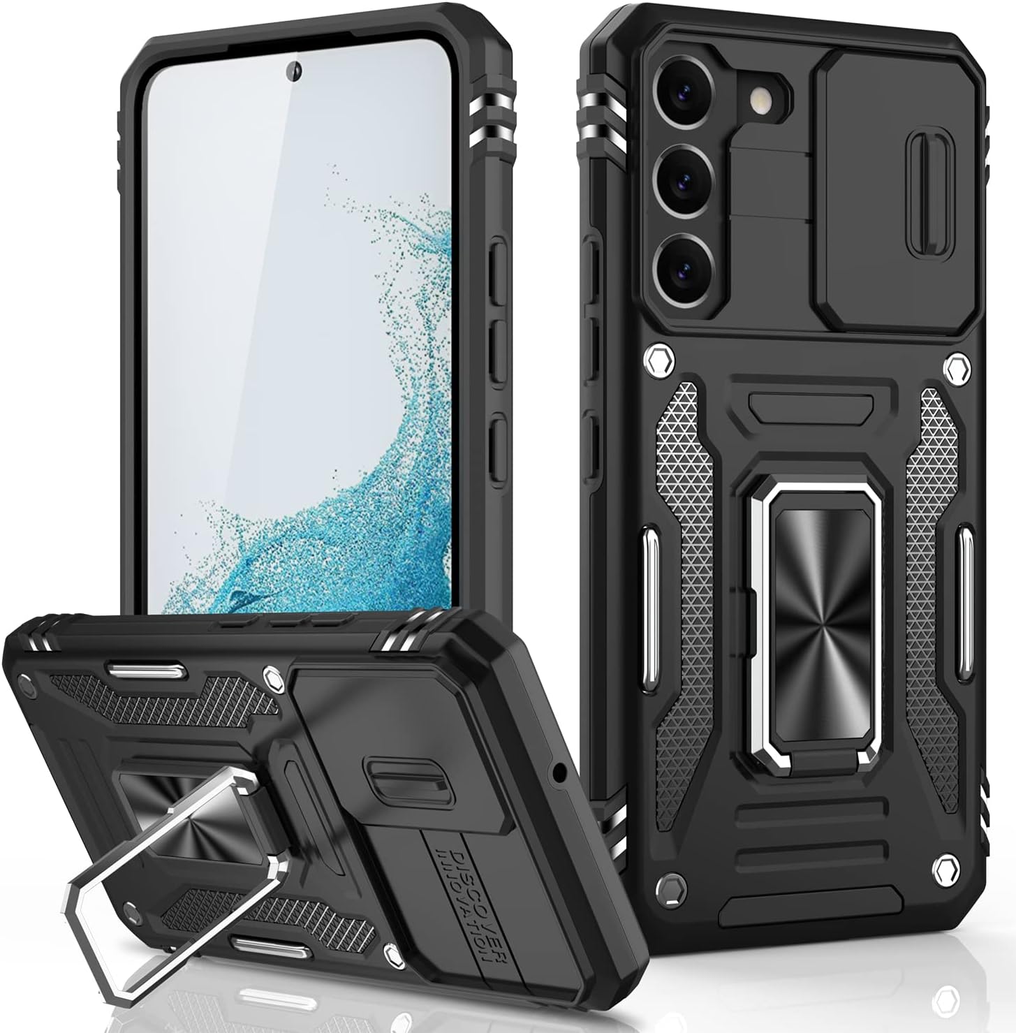 LUMARKE Galaxy S22 Case with Camera Cover,Samsung S22 Cover Pass 16ft Drop Test Military Grade Shockproof Heavy Duty Protective Phone Case with Magnetic Kickstand for Samsung Galaxy S22 Black
