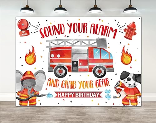 Ticuenicoa Telón de fondo de cumpleaños de bombero de 7 x 5 pies para niños, suena tu alabm y coge tu equipo, fondo de bomberos para niños,