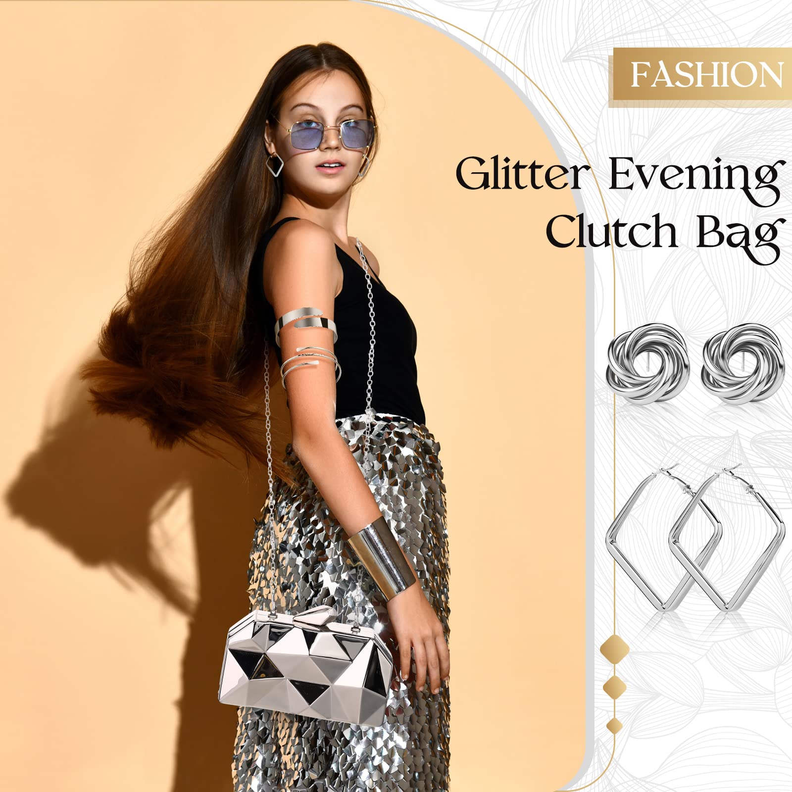 5 Pcs Clutch Purse for Women Evening Prom Purses Metallic Handbag for Valentines Wedding Banquet Retro Jewelry Set: Silver