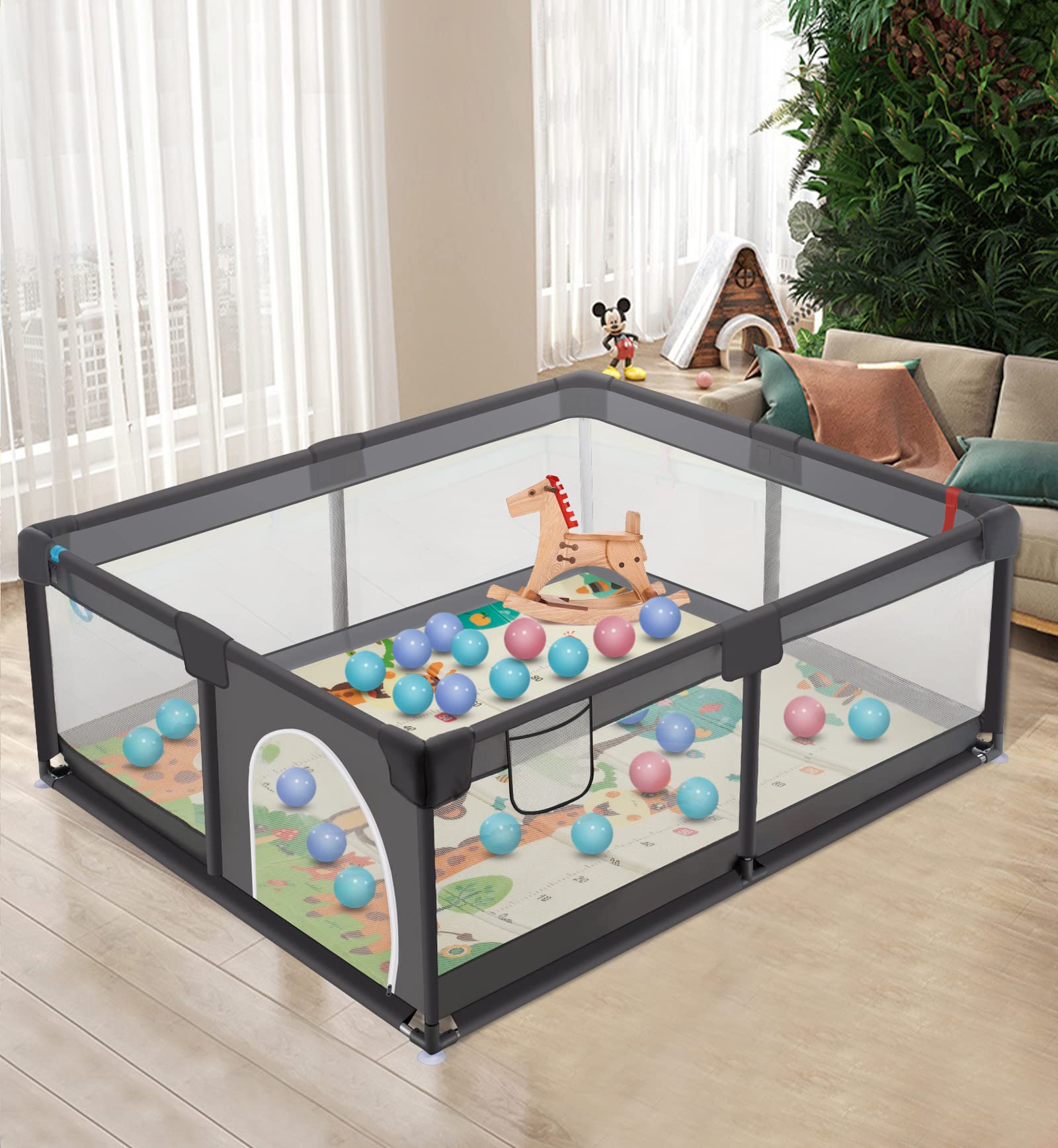 YSYJ Baby Playpen 50" X 50",Baby Playards,Large Playpen for Babies and Toddlers,Big Playpens for Babies,Indoor Safety Infant Play Pen w/Gate & Anti-Slip Base and Breathable Mesh (Dark Grey)