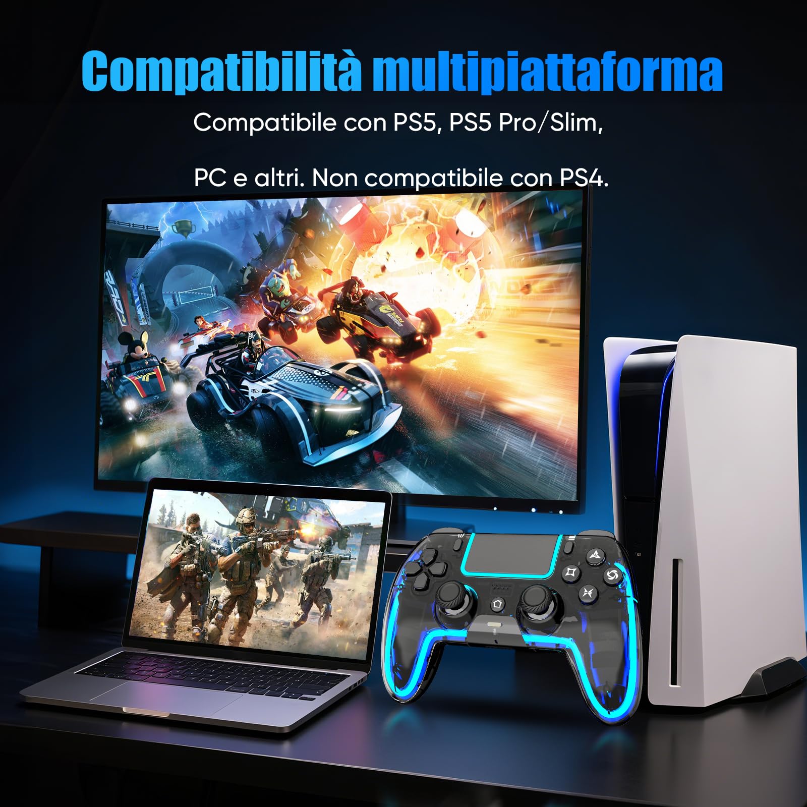 BETMI Controller Wireless per PS5 Pro/Slim, compatibile MAC/Steam Deck/PC, joystick Effetto Hall, doppia vibrazione/Macro/Turbo, jack 3,5mm, 6 assi, gamepad LED con altoparlante (Transparent Black)