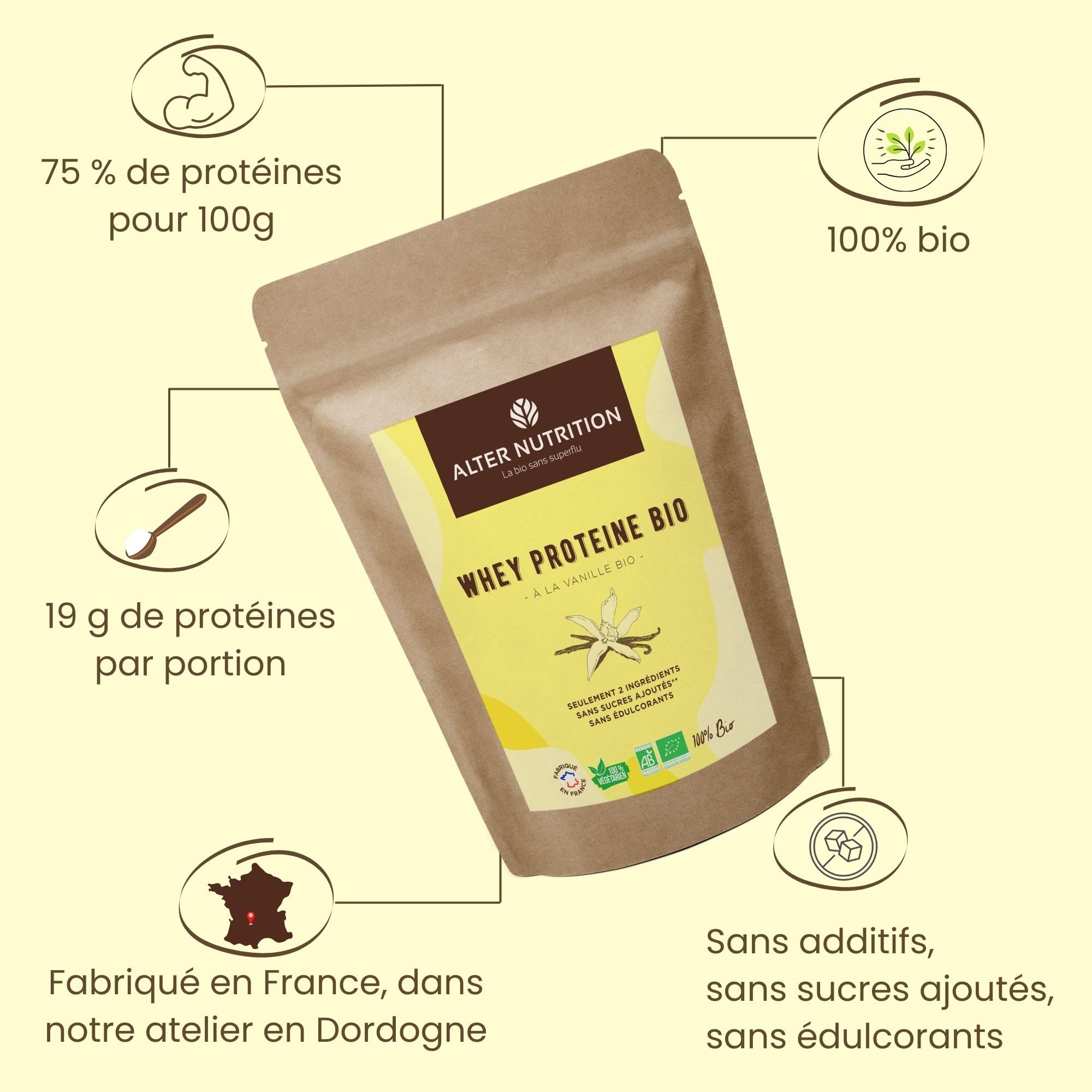 ALTER NUTRITION - Whey Protéine Bio - Vanille - Prise De Masse - Récupération - BCAA - Lait De Vache Bio - Sans Sucres Ajoutés - Fabriqué En France - 19g De Protéines Par Scoop - Sachet De 1kg