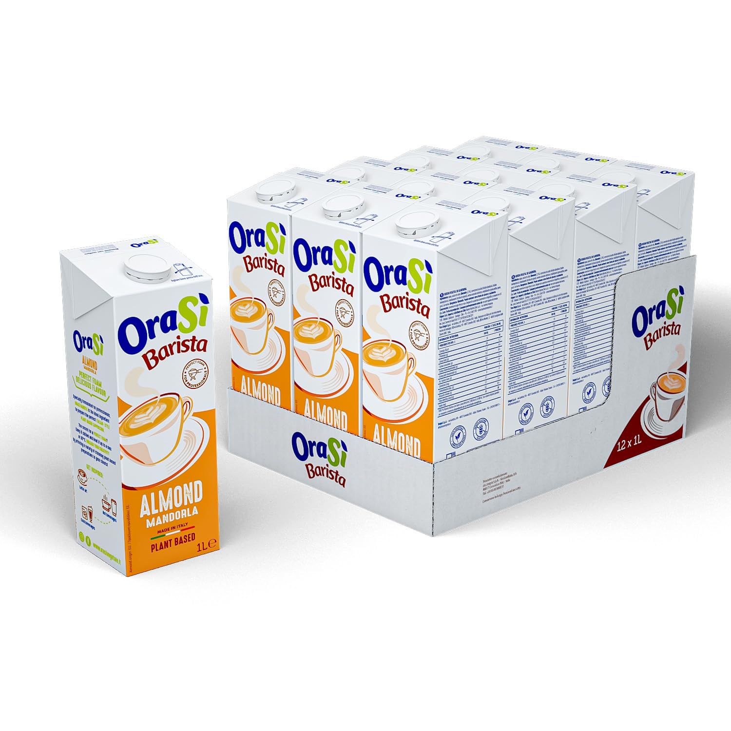 OraSì Barista Almond bevanda di mandorla (1 litro, 12 unità) - Alternativa vegetale al latte con mandorle italiane - Senza glutine - Per cappuccini schiumosi e dieta vegana - Gusto fresco di mandorla