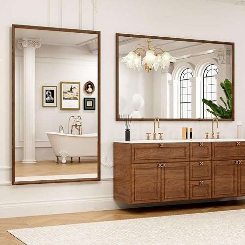 Miniatura 337 de Espejo de baño dorado, 48 x 30 pulgadas, espejo de marco de metal dorado cepillado para pared, espejo rectangular redondeado de tocador de baño