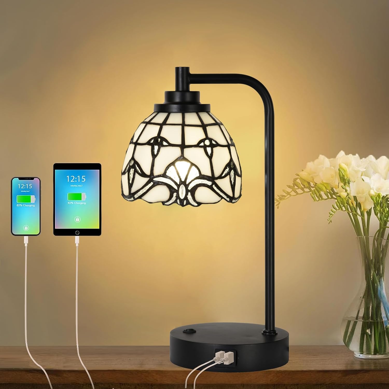 TL0020 ティファニーテーブルランプ USB充電ポート2個付き デスクランプ ホワイトバロックステンドグラスランプシェード レト