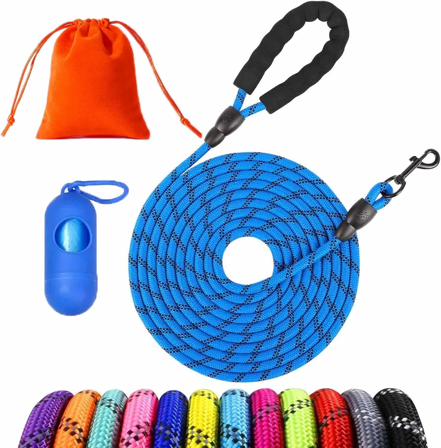 Dog Training Lead with Padded Handle, 1.5M 3M 5M 10M Reflective Long Rope Leash, Carabiner Clip (Dark Blue, 3M)